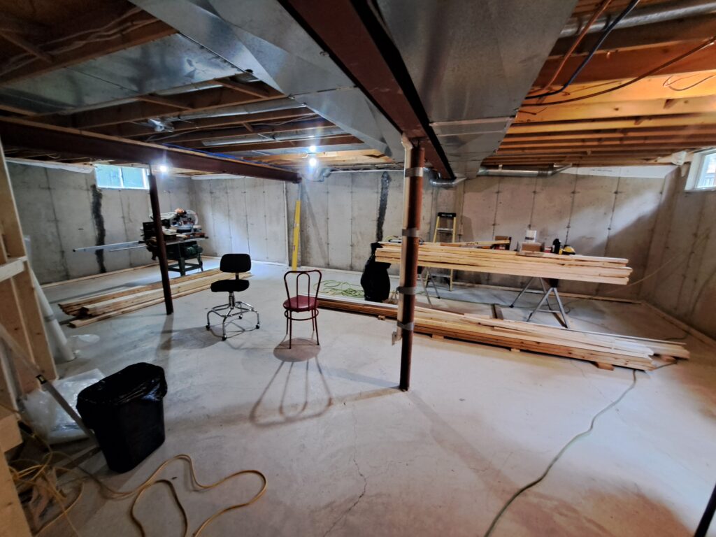 Open Burlington Millcroft basement during partition-wall framing