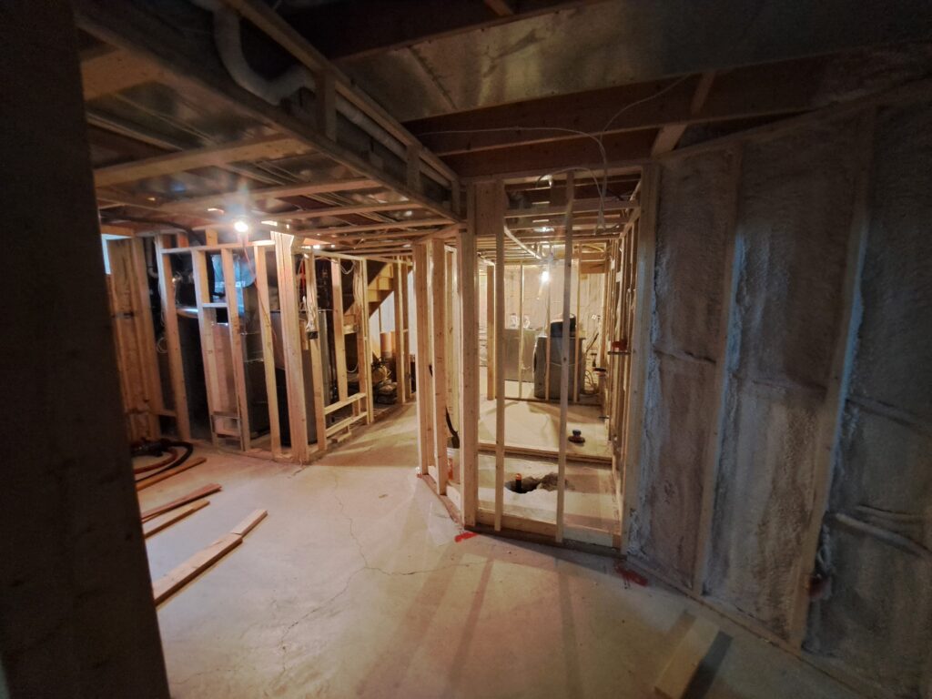 Insulated basement walls before drywall in Burlington Ontario