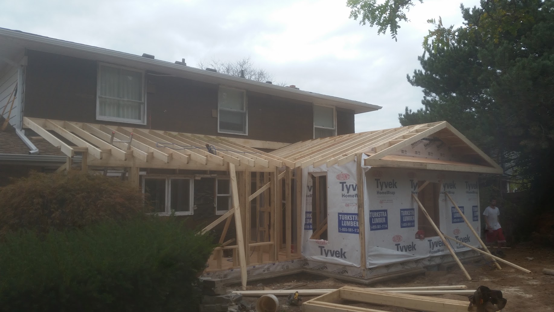 Wall and roof framing for a residential home addition