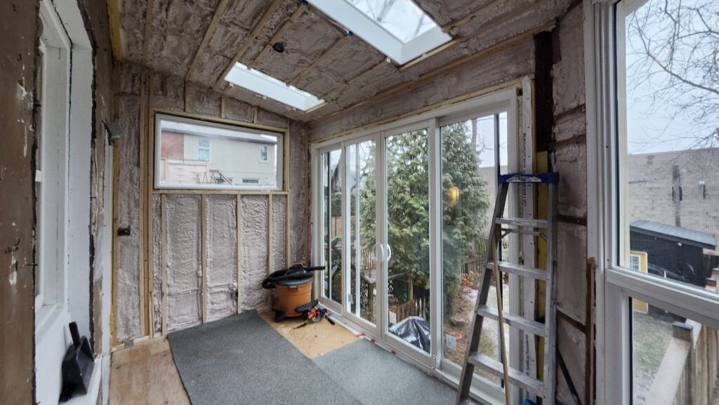 Insulated walls and ceiling in a renovated historic Dundas sunroom