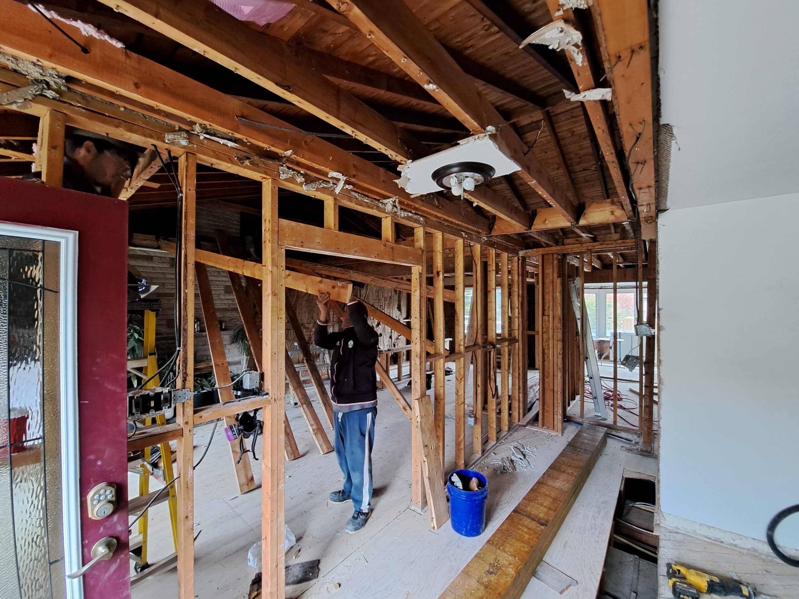 Existing roof framing exposed above the kitchen and living room during selective demolition in Burlington